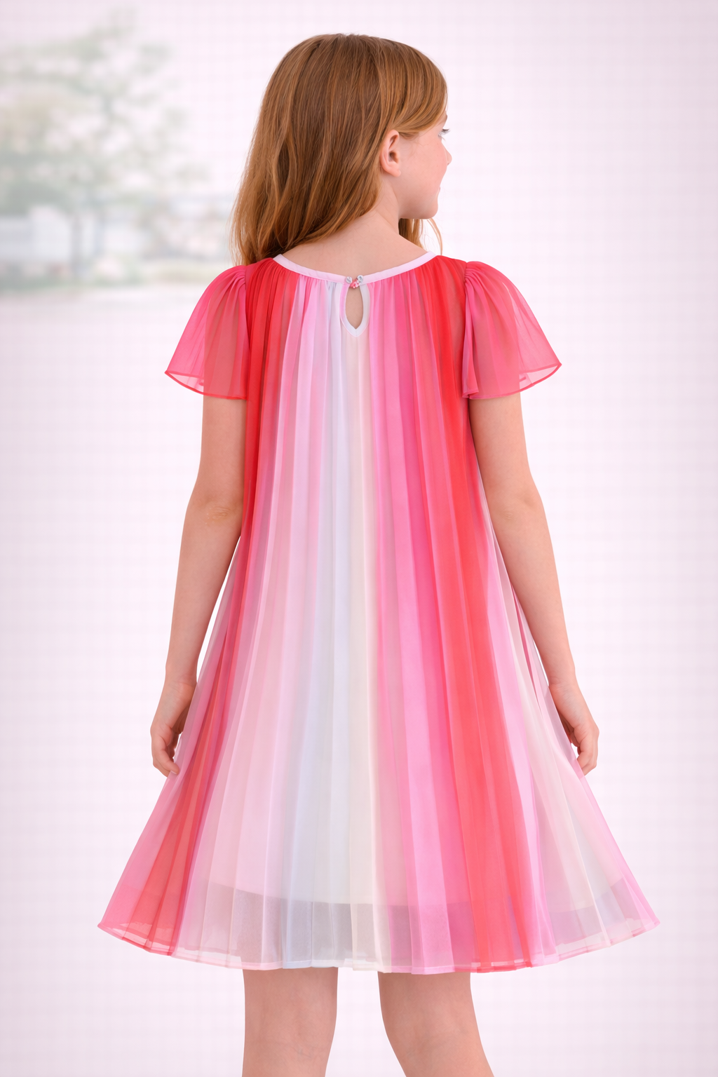 Girls pink and red striped summer dress (9-10yrs)