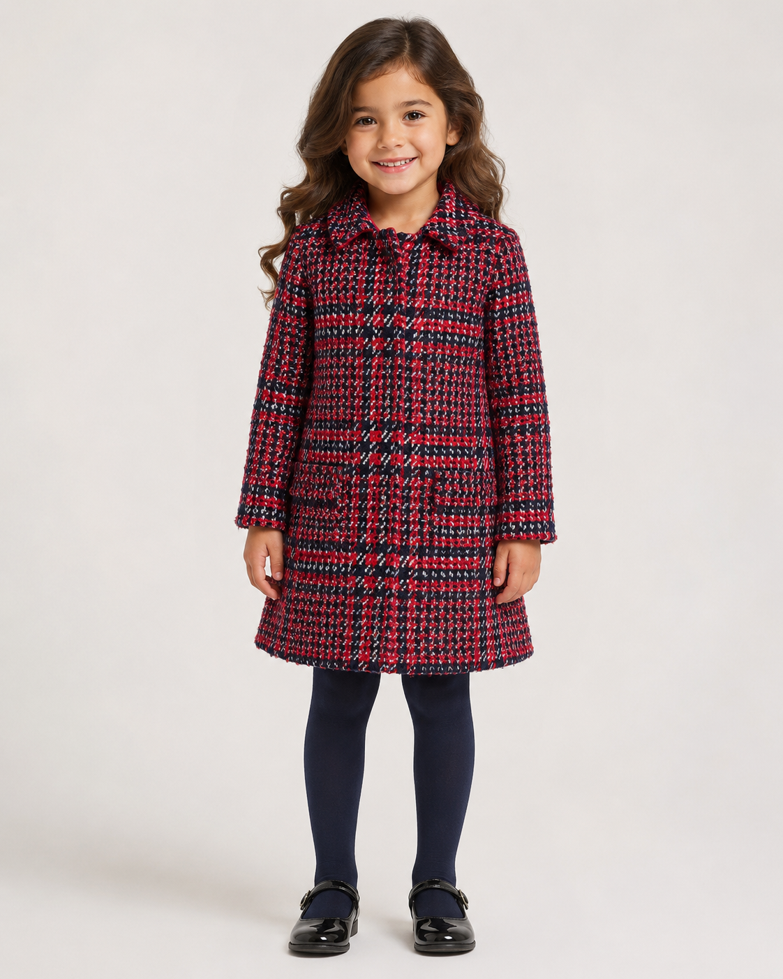 Girls Navy and Red Check Coat by Qtee (5-6yrs)
