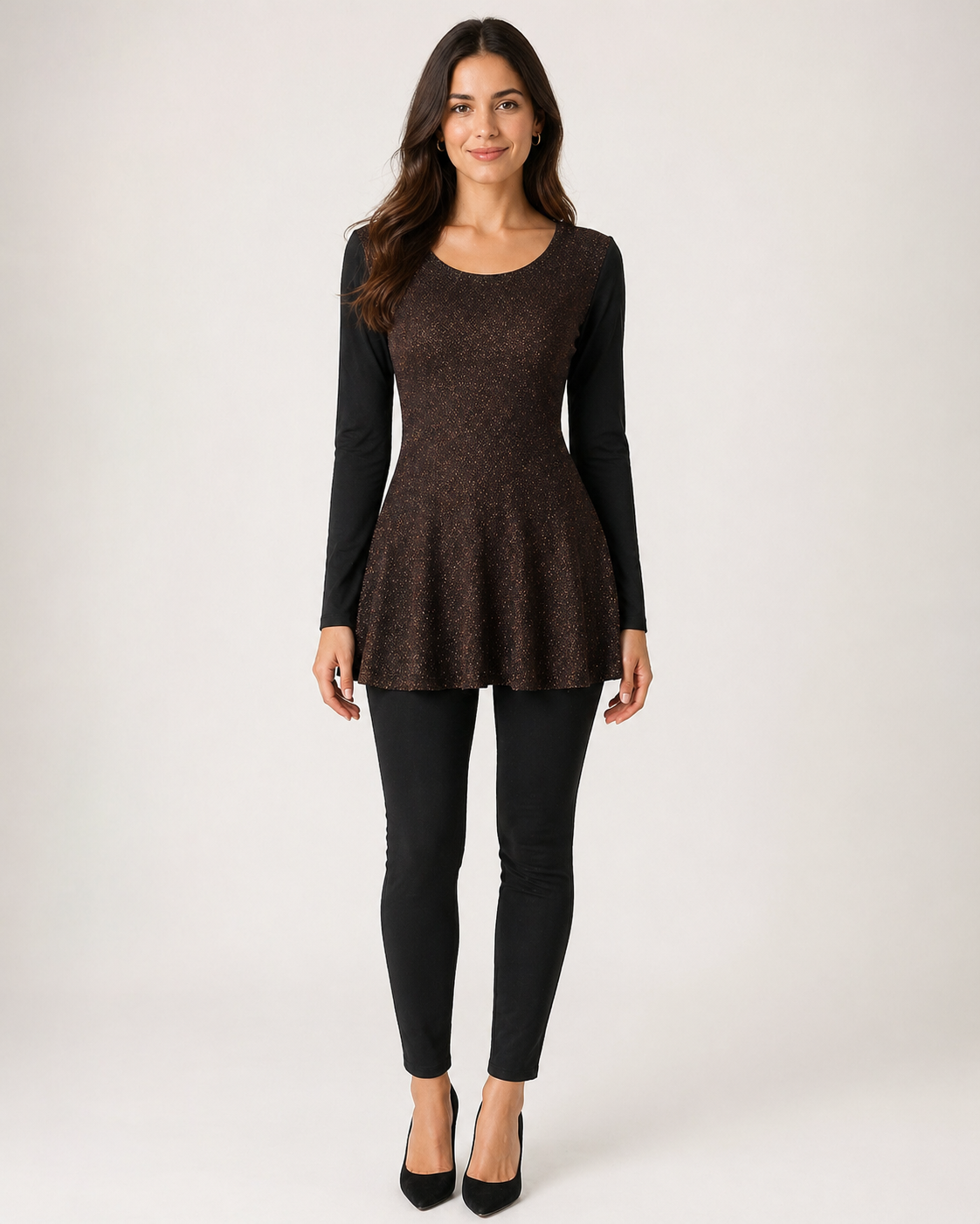 Ladies Black and Bronze Top that flares (L - Check measurements)