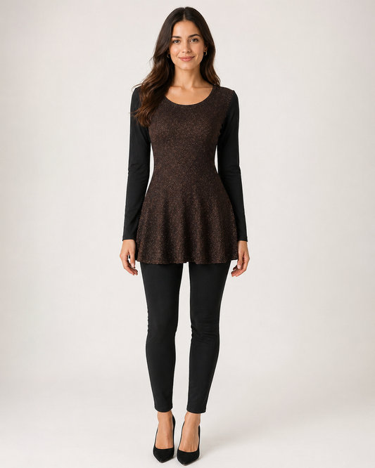 Ladies Black and Bronze Top that flares (L - Check measurements)
